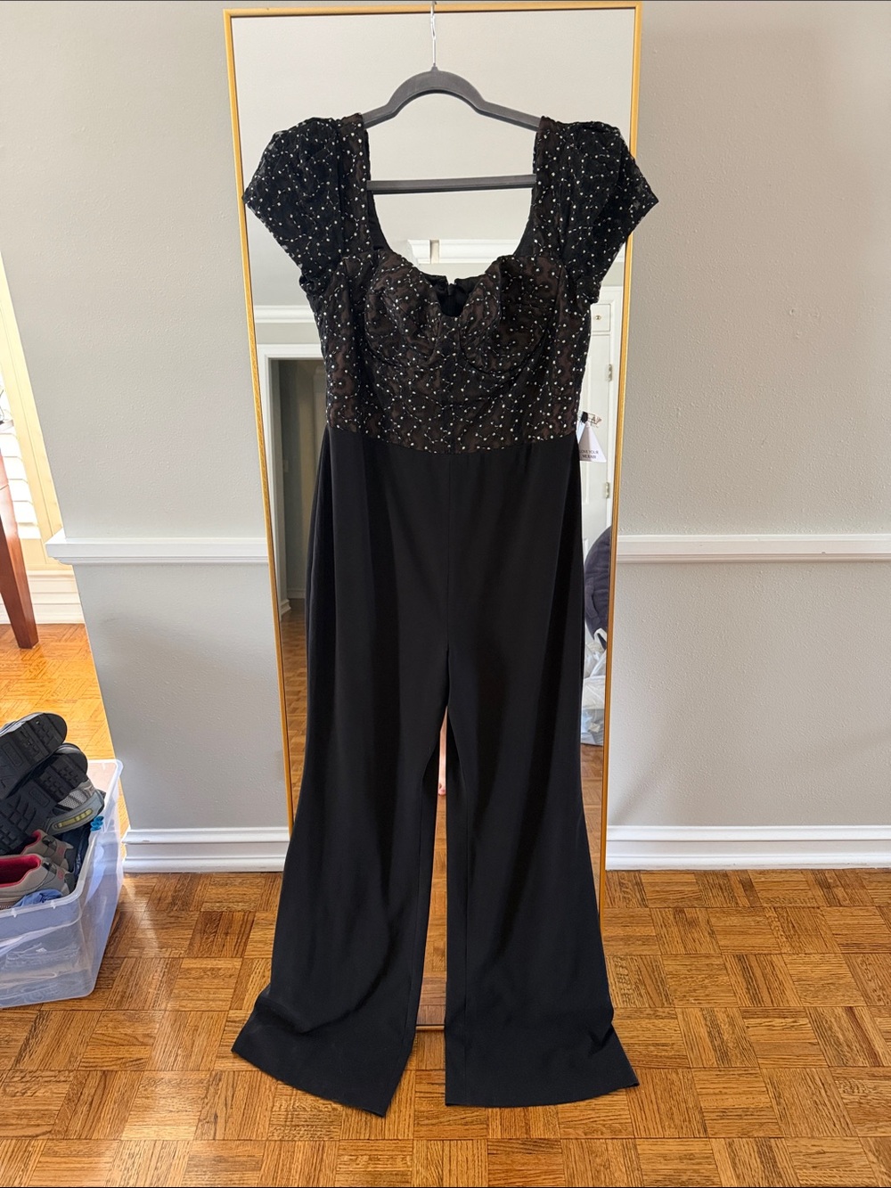 NADINE MERABI Black Embroidered Jumpsuit with Cap Sleeves